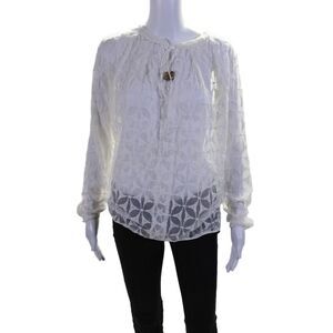 TJ Collection Womens Silk White Embroidered V-Neck Long Sleeve Blouse Top SizeXS